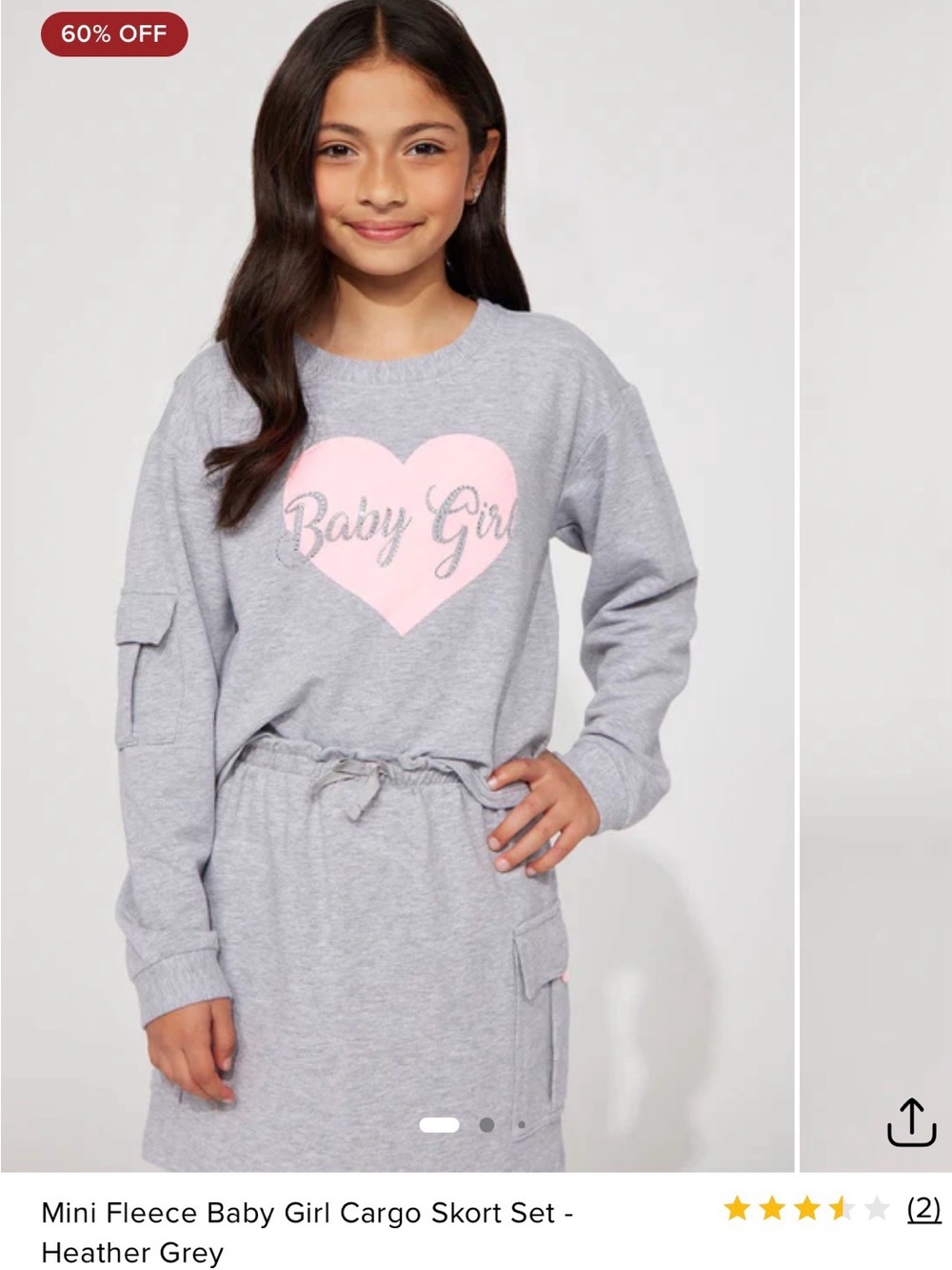 Heather Grey Kids "Baby Girl" Fleece Cargo Skort  Set from Fashion Nova Sz 4